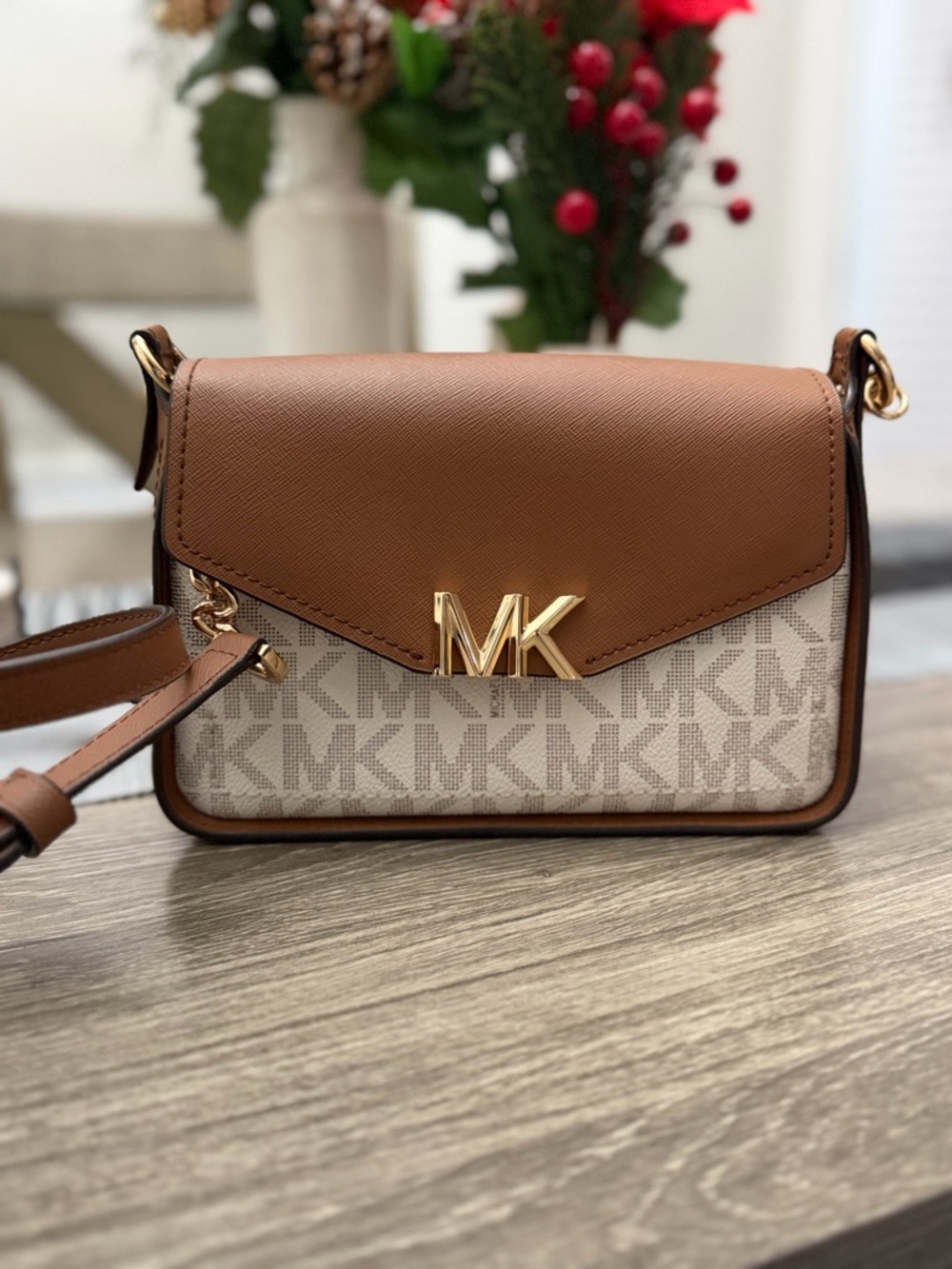 Michael Kors brown and white  MK Logo Crossbody